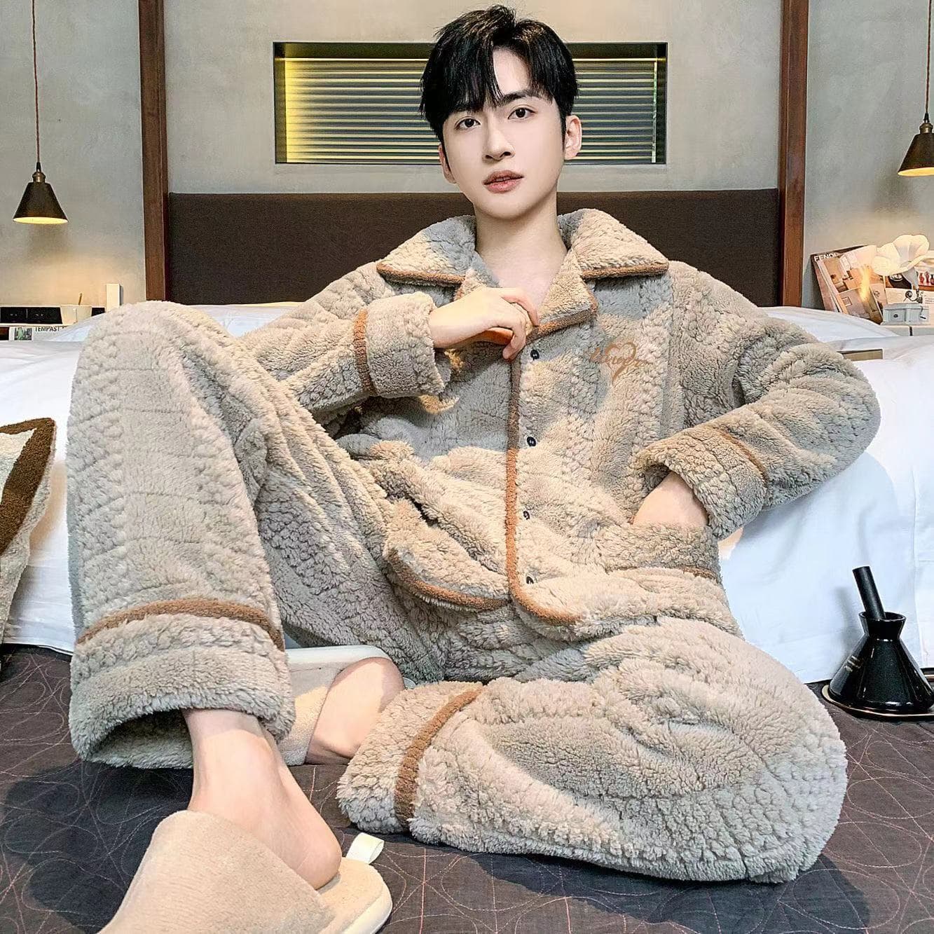 Men's Winter Coral Fleece Pajama Set, Thickened and Plus Size up to 180 lbs, Cardigan Style, Flannel Homewear Set
