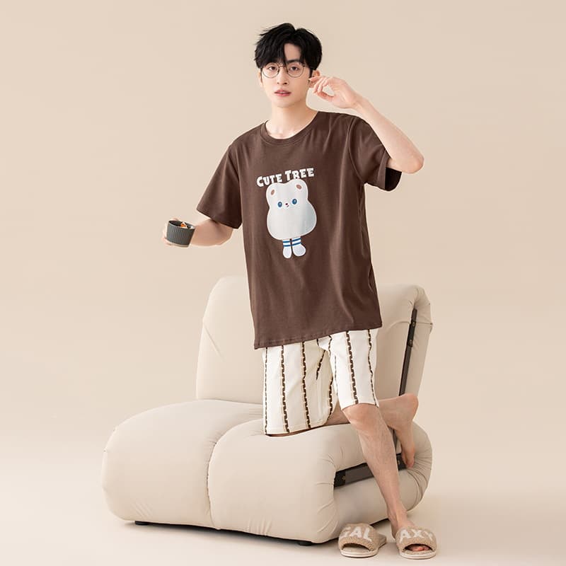 Class A Antibacterial 100% Cotton Pajamas for Men Summer Short Sleeve Shorts Round Neck Cartoon Plus Size Cotton Homewear