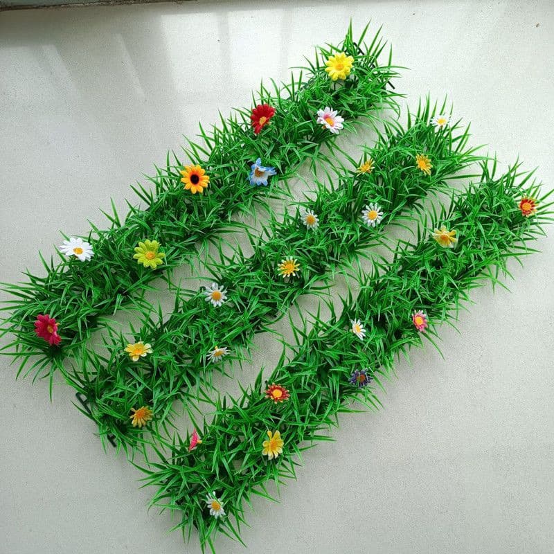 Artificial turf for restaurant and hot pot shop partitions, decorative staircase corners, beautifying fake turf with concave plastic flowers for cross-border use.