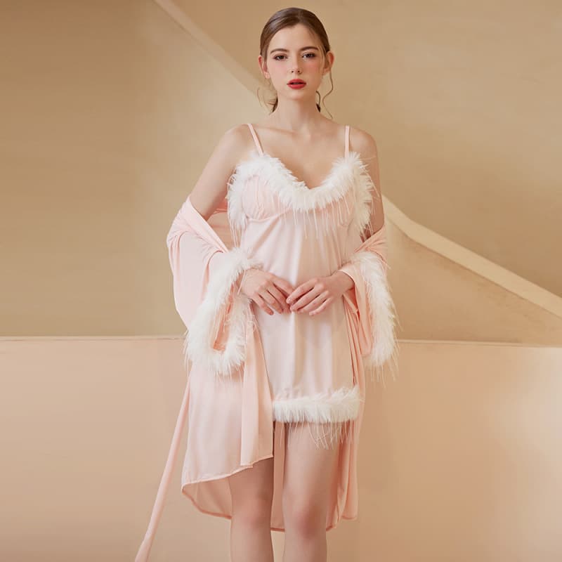 Sexy deep V-neck long silk satin suspender nightgown Pure lust style long-sleeved pajamas women's robe suit manufacturer wholesale