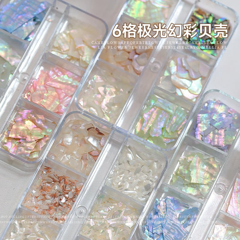 6-Grid Mixed Nail Art Decorations Ultra-Thin Iridescent Mica Flakes Irregular Natural Aurora Shell Pieces Nail Art Accessories
