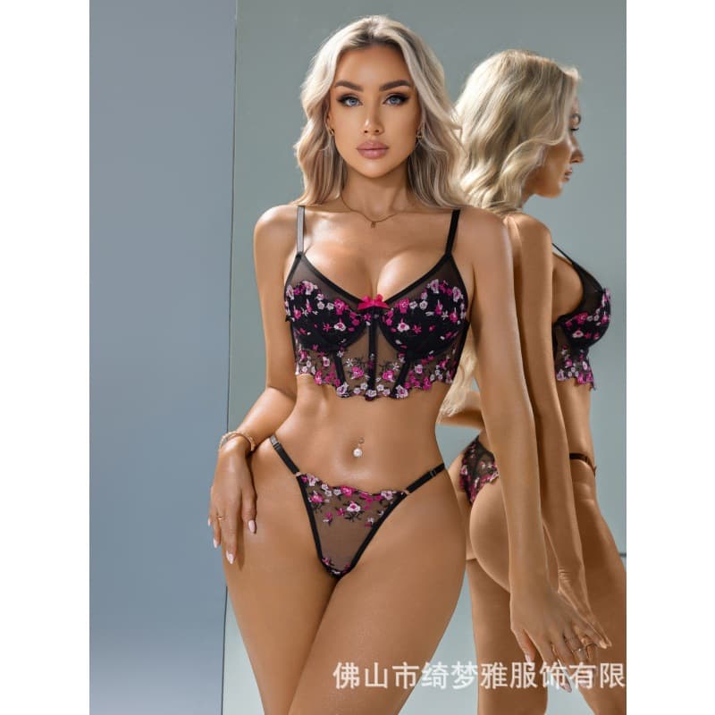 Cross-border European and American Lingerie French Floral Mesh Embroidery Sexy Lingerie Comfortable Mesh Sexy Bikini Style