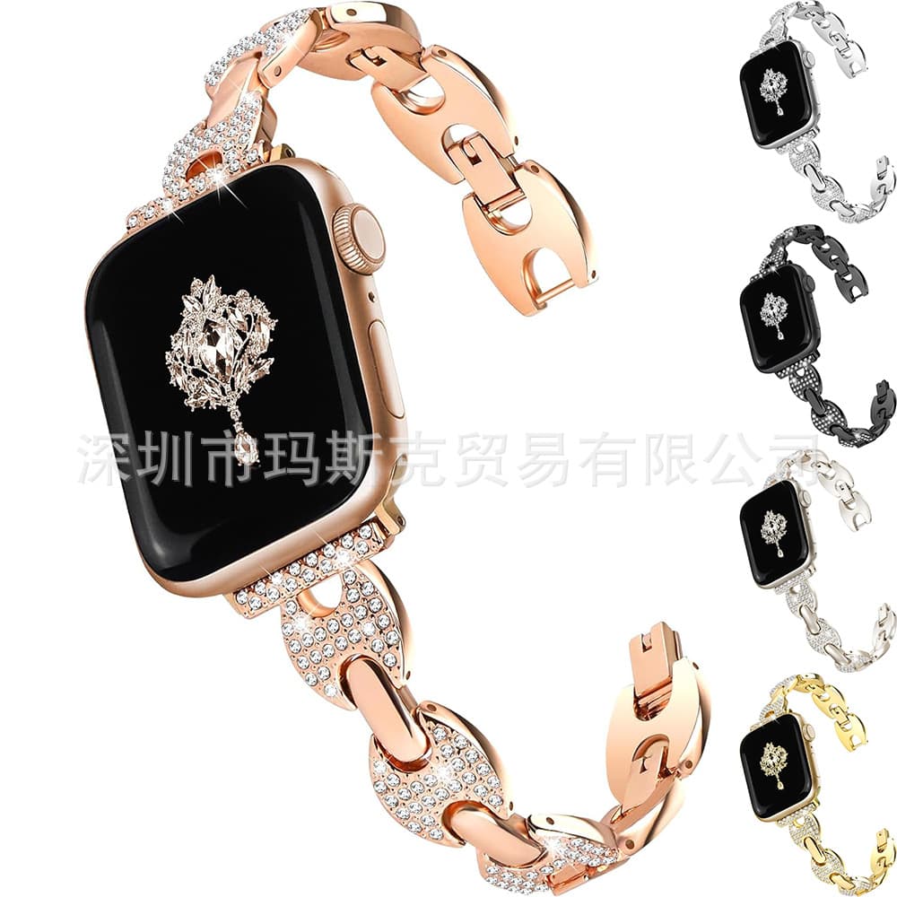Compatible with Apple Watch Band S9876, Chanel-style Sparkling Diamond iWatch Metal Apple Watch Strap