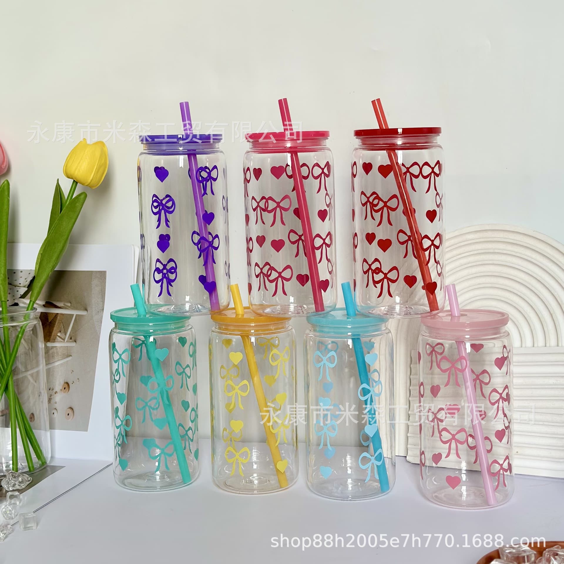 Cross-border Hot-selling Bow PC Plastic Cup 16oz Plastic Mason Jar Bow Colorful Mason Jar Single-layer Plastic