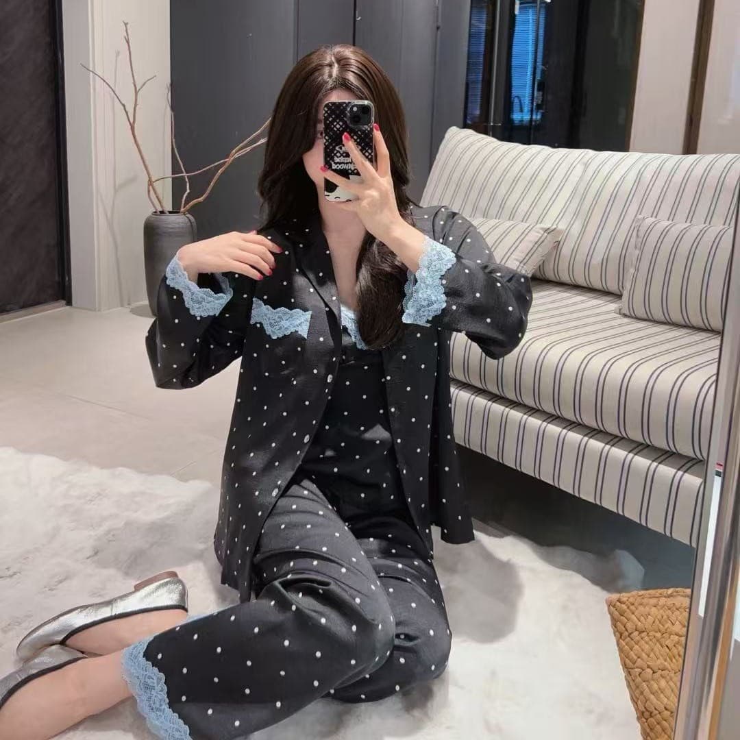SX079 [Bobo black dots] 2026 summer new style lace polka dot printing pure lust style four-piece home set