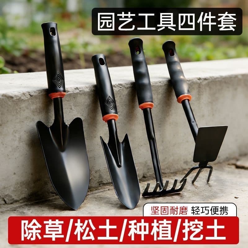 Manufacturer's supply black rubber handle gardening set flower shovel five-tooth rake children's seaside tools gardening shovel