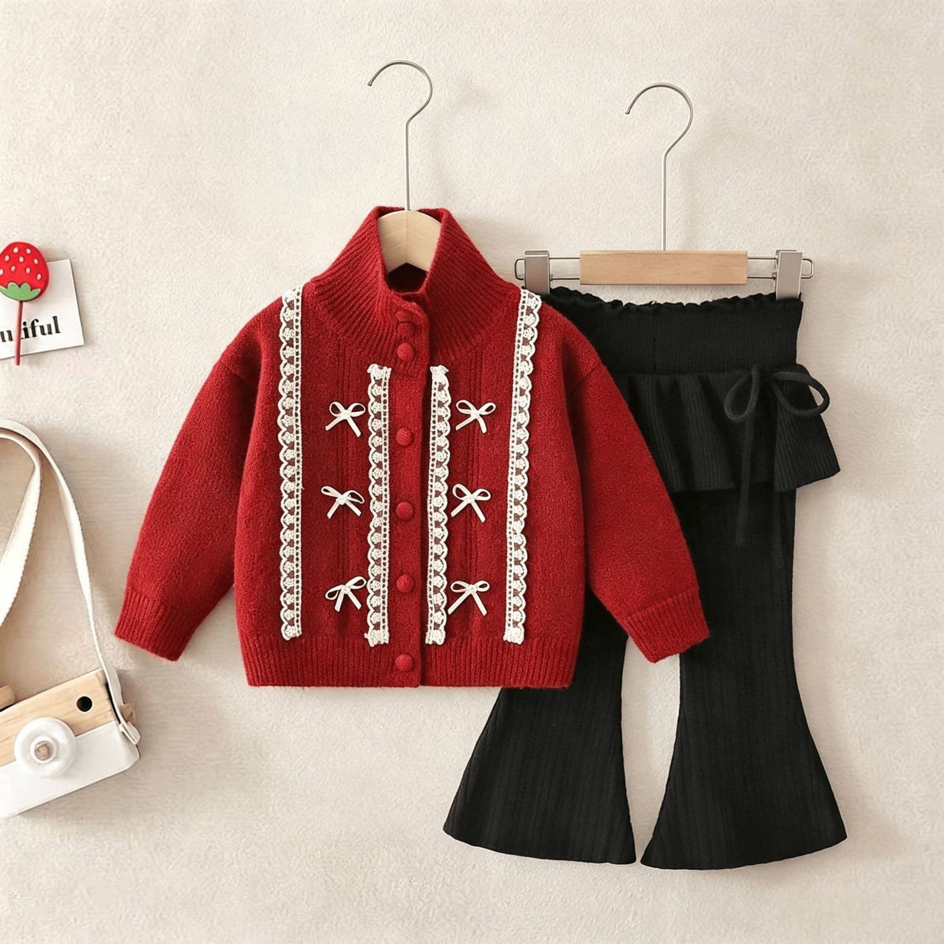 Lace Bow Girls Sweater Set Retro Stand Collar Knit Cardigan with Tie Flared Pants Two-Piece Set