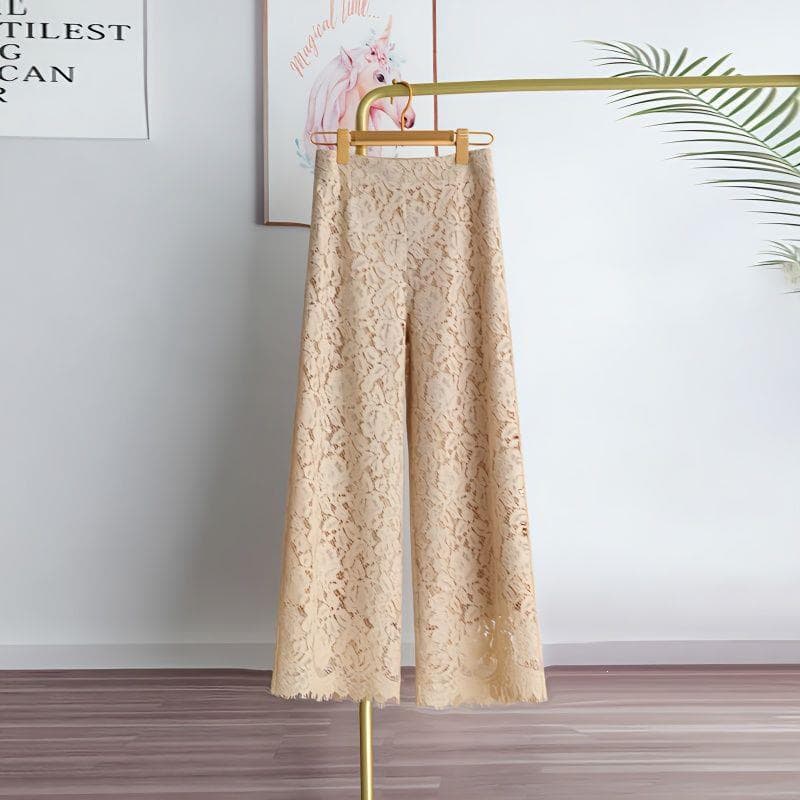 Lace Wide-Leg Cropped Trousers High-Waist Flowing Summer New Water-Soluble Lace Loose Straight Leg Stylish Slimming