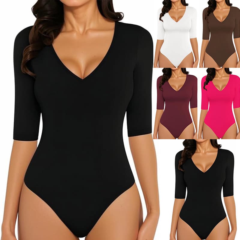 Cross-border Amazon eBay New Hot Selling Women's V-Neck Base Tee European and American Sexy Fitted Half-Sleeve Bodysuit