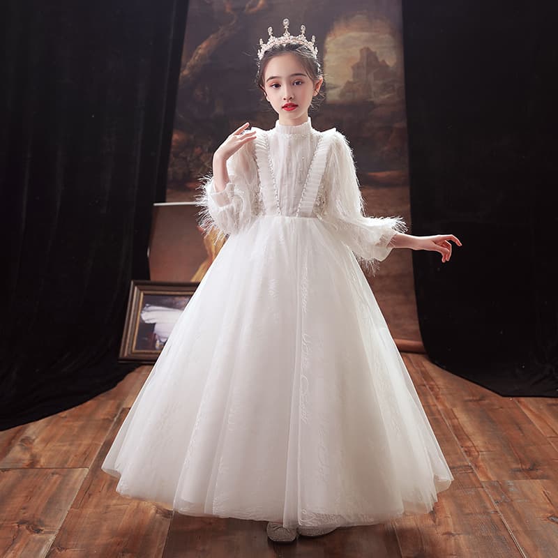 Princess Dress Children's Birthday Performance Outfit Wedding Host Girl's Flower Girl White Elegant Skirt Piano Show Costume
