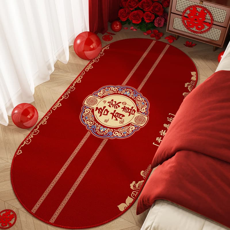 Wedding Mat with Double Happiness Character, Bedside Rug, Bedroom Decoration, Bed End Mat, Newlywed Red Master Bedroom Floor Mat