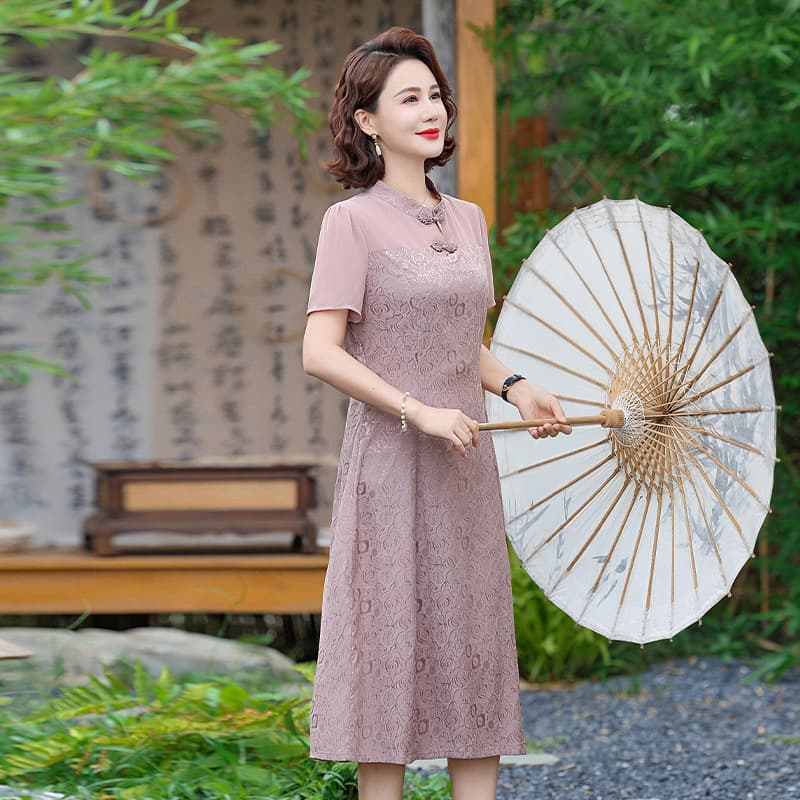 2026 New Summer Mother's Dress Middle-aged Women's Cheongsam Dress 40s 50s Elderly Women's Summer Long Dress