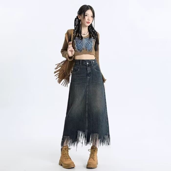 Trendy Ins Fashion A-Line Japanese Solid Color Women's Versatile New Long Skirt Casual Denim Skirt Half Skirt Elegant