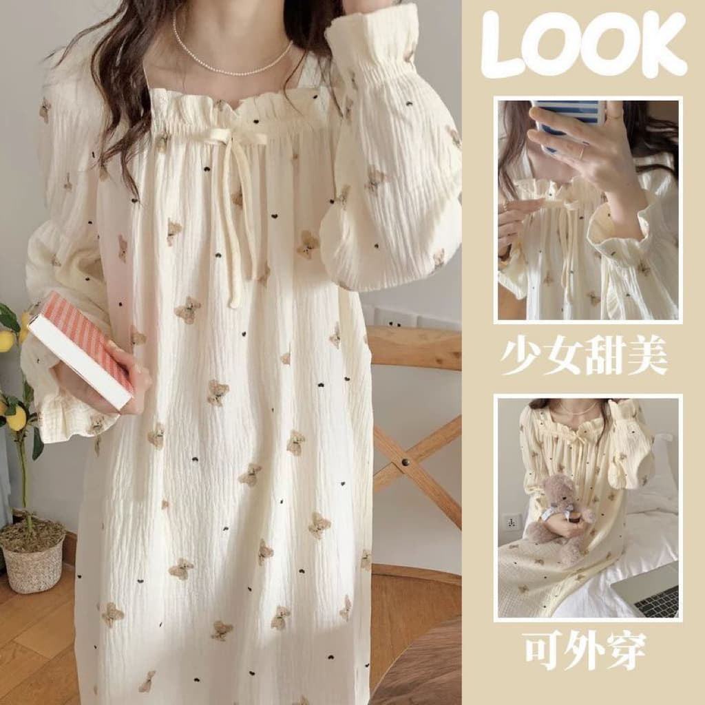 Women's Long Sleep Dress with Built-in Pads, Spring/Autumn Cotton, Sweet New Princess Style, Bow Square Neck, Long Sleeve Loungewear