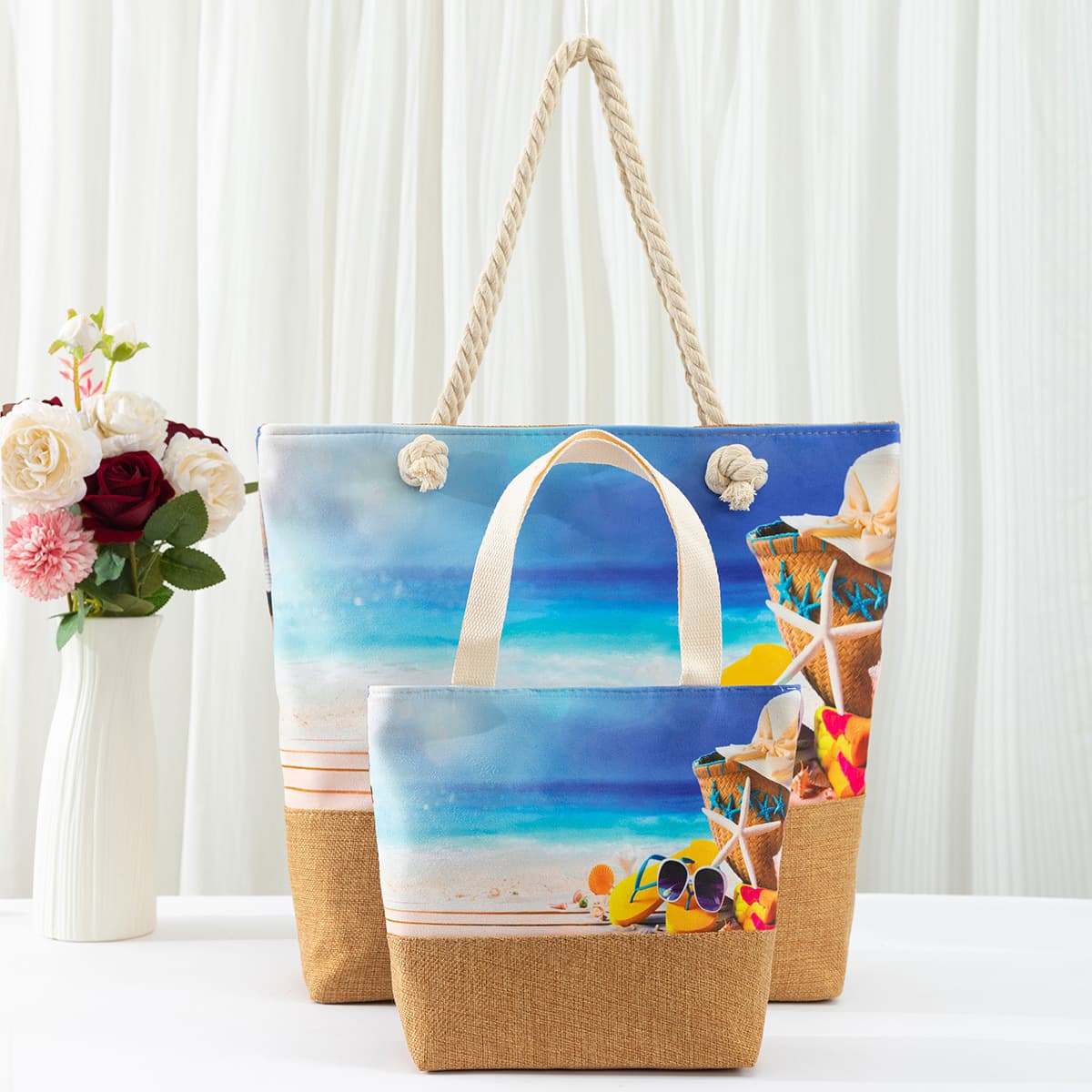 Women's Beach Bag Large Capacity Linen Digital Print Shoulder Bag Double-Sided Cotton Rope Tote Bag 2pcs