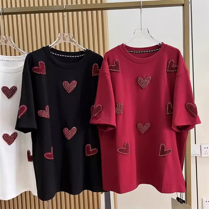 Plus Size 2-300 lbs Spring Heavy-Duty 3D Heart Towel Embroidery Short-Sleeve T-Shirt for Women with Beaded Loose Fit Top