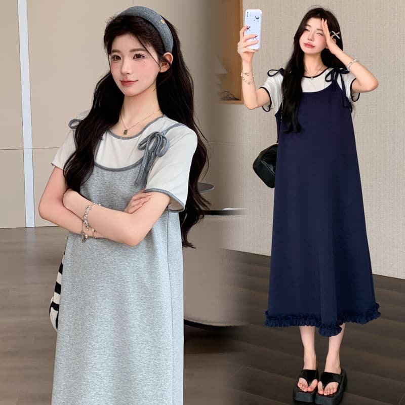 2026 Summer New Simple Lace Two-Piece Tie Maternity Dress Loose Slimming Maternity Dress