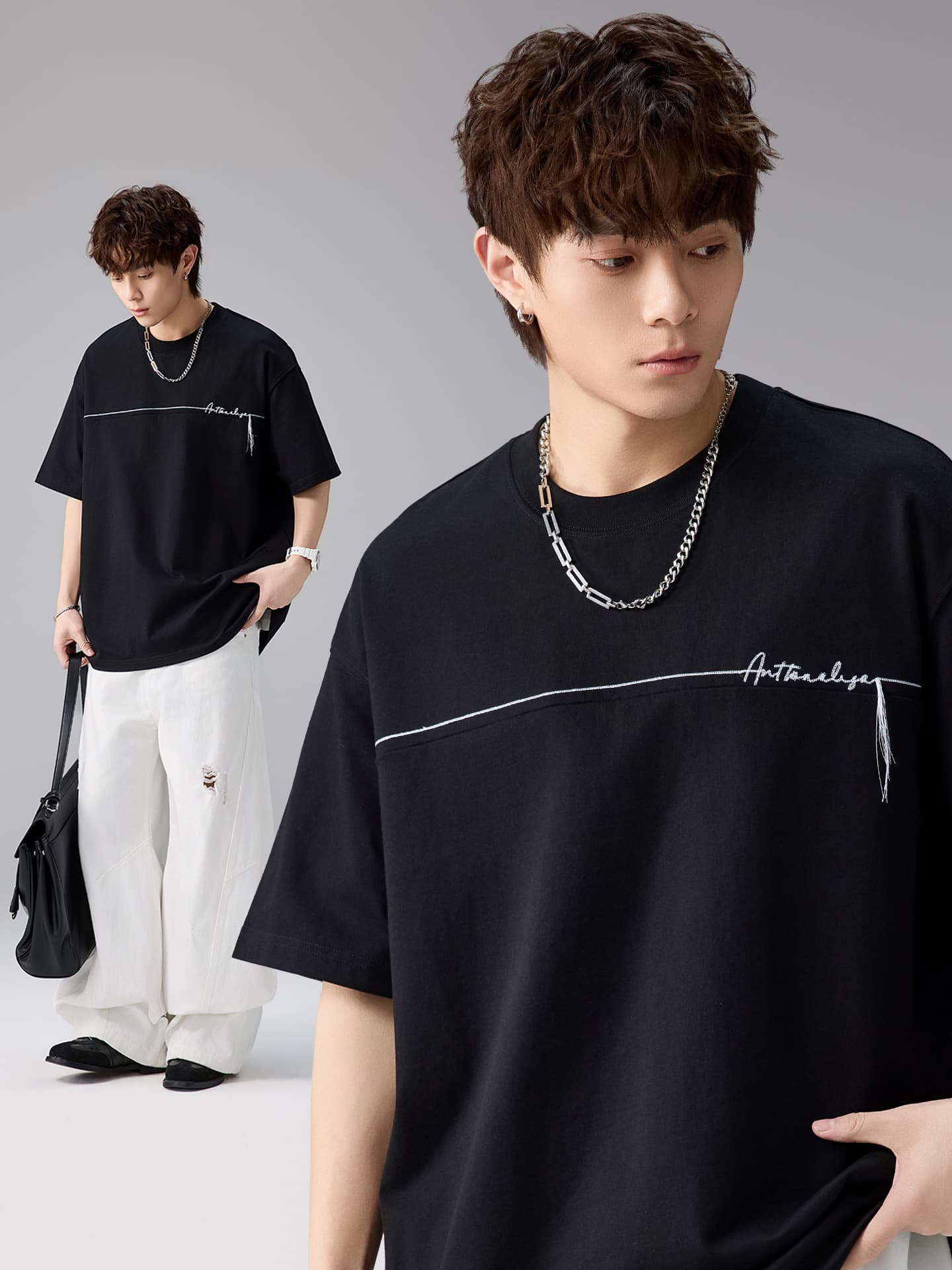 American Style 250G Letter Logo Fringe Embroidery Round Neck Drop Shoulder Short Sleeve Loose T-Shirt Summer