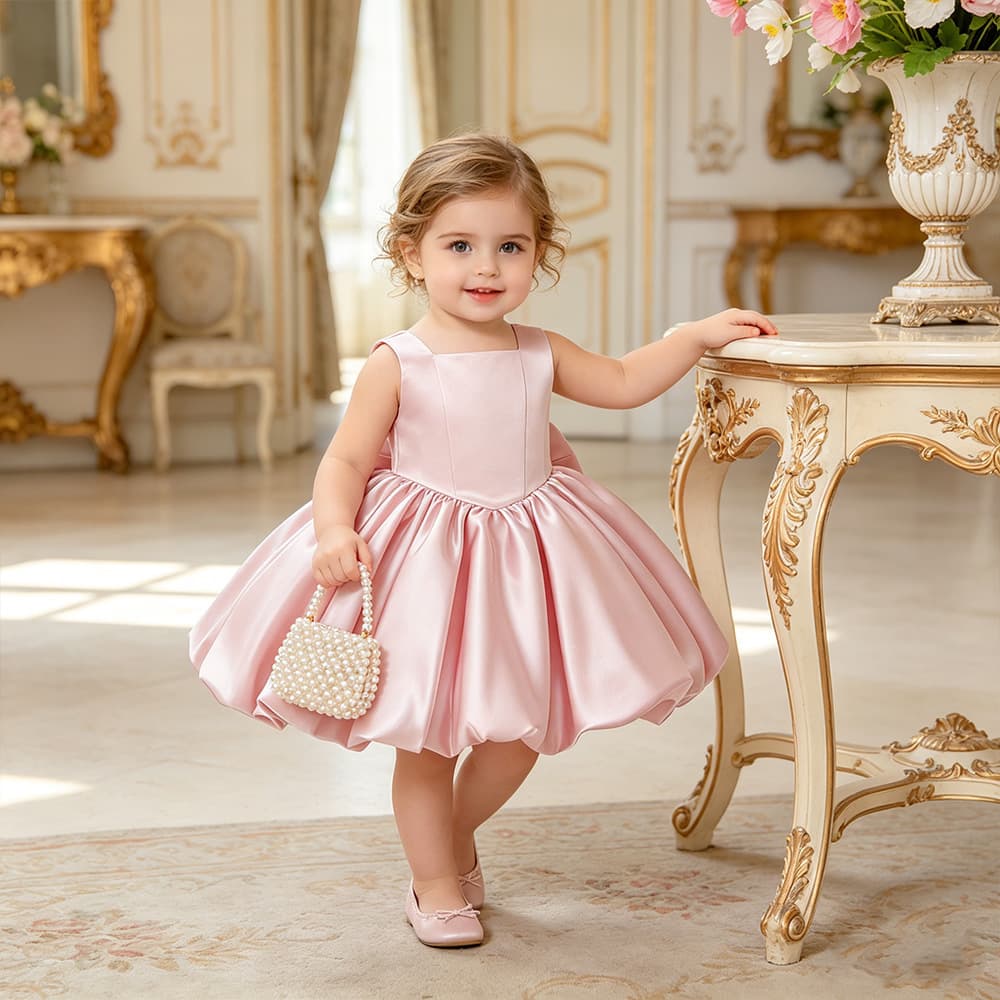 Girls Dress Baby Toddler Flower Bud Tutu Bow Dress Cross-Border 1st Birthday Baby Satin Dress Princess Dress