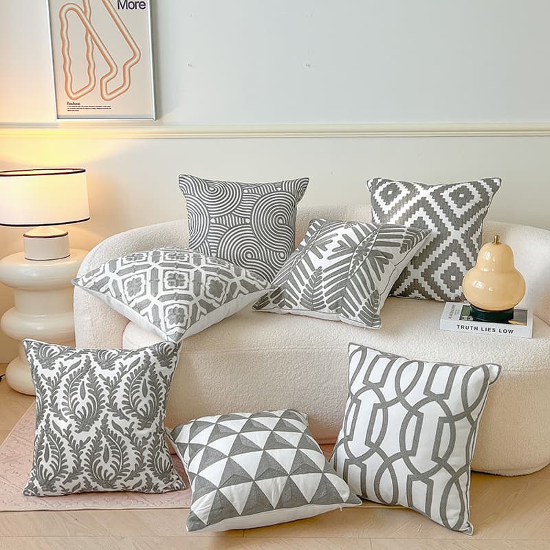 Nordic Geometric Embroidered Cushion Cover, Gray Sofa Throw Pillow, Pure Cotton Square Home Decor 45cm Backrest Cushion