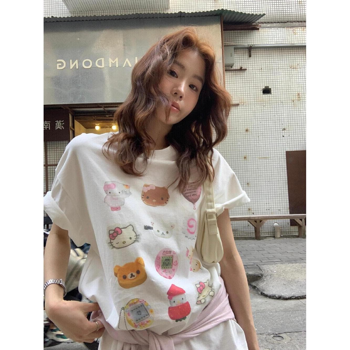 100% Pure Cotton Sweet Korean-Style Hello Kitty Print Age-Reducing Short-Sleeved T-Shirt for Women, Summer Casual Versatile Work Clothing Top