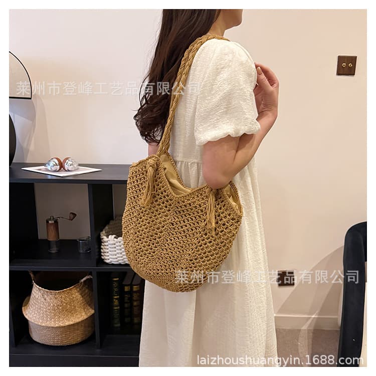 Korean Style Crochet Mesh Bag for Women, Summer Beach Straw Woven Hollow Single Shoulder Tote