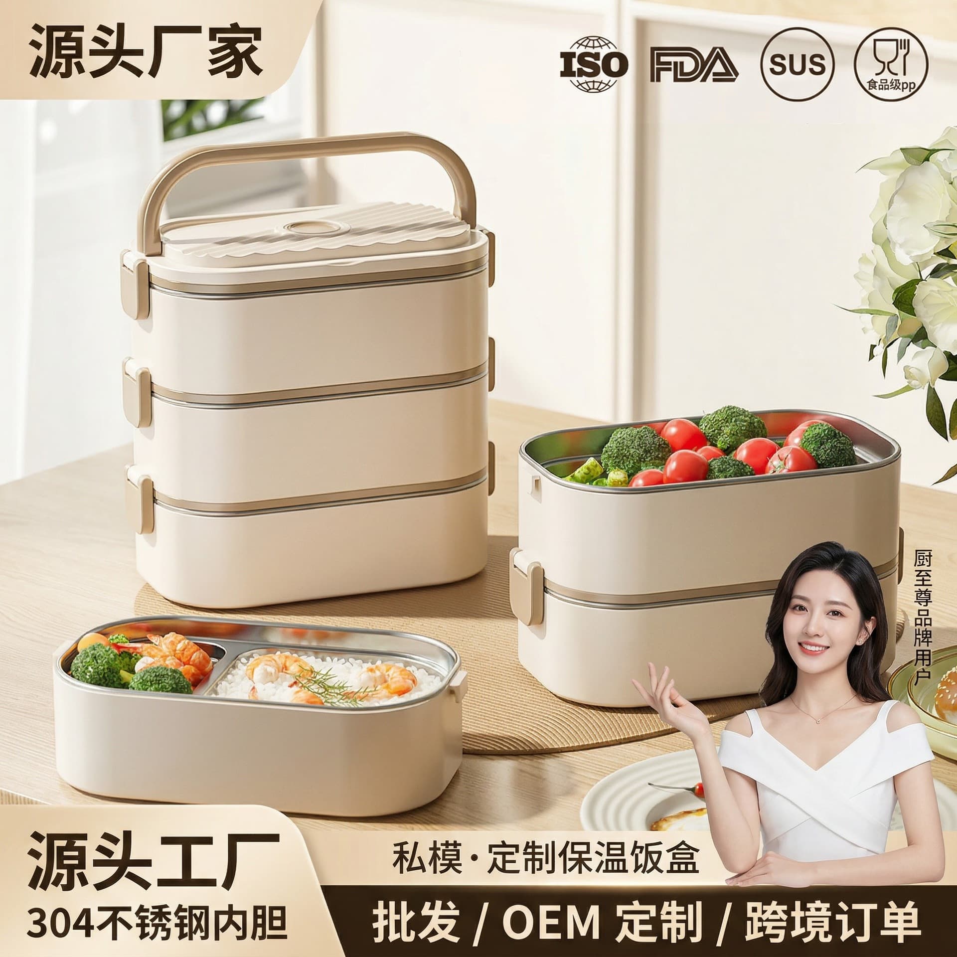 Cross-border special supply of 304 stainless steel anti-spill insulated lunch box double layer three-layer sealed portable square lunch box wholesale