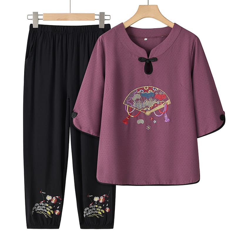 Summer Set for Middle-Aged and Elderly Women, Fashionable and Elegant Grandma Embroidered Blouse, Elderly Summer Clothing