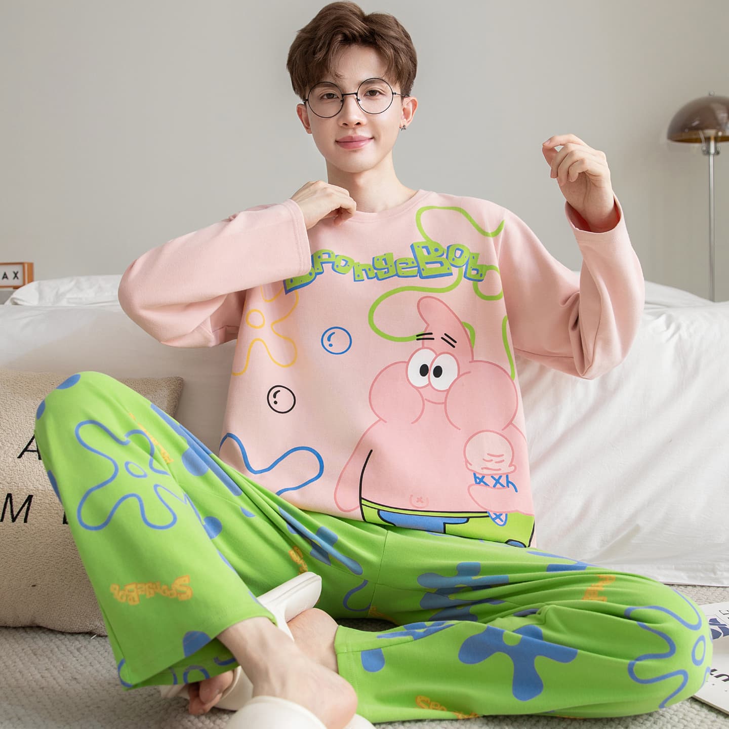 Cartoon Cotton Men's Pajamas Autumn Long Sleeve Long Pants Cute Youth Middle School Student Home Wear Suitable for Outdoor Wear