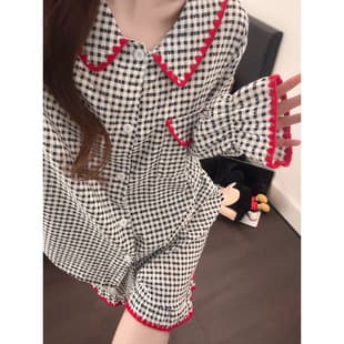 Vintage Plaid Pajama Set for Women, Summer Long Sleeve Shorts, Cloud Cotton, Cute Homewear, Wear-Out, Cross-Border Wholesale