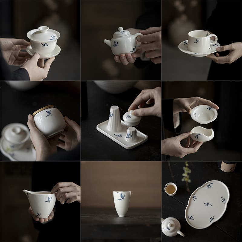 Moji Sweet White Autumn Water Orchid Hand-Painted Kung Fu Tea Set Ceramic Gaiwan Teapot Teacup Tea Tray Tea Accessories Collection