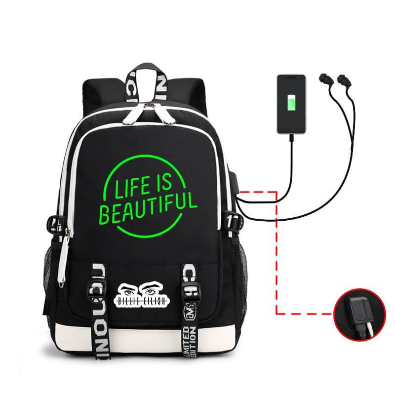 Student Backpack Outdoor Double Shoulder Backpack Billie Eilish Pattern USB Charging Backpack