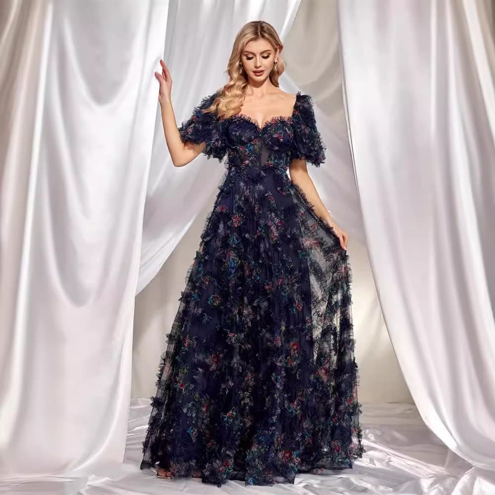 European-American New Evening Wear Premium Floral U-Neck Evening Gown, Short Sleeve Slim Party Banquet Dress for Women