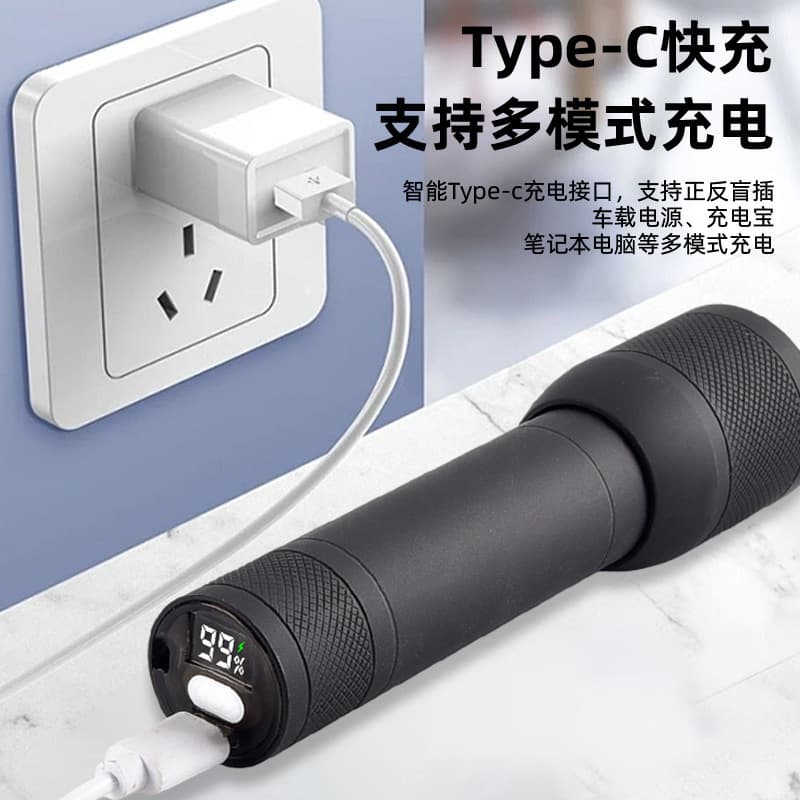 TEMU Cross-border New Digital Display Bright Outdoor Super Bright Multifunctional Patrol Long-range Portable Type-C Flashlight
