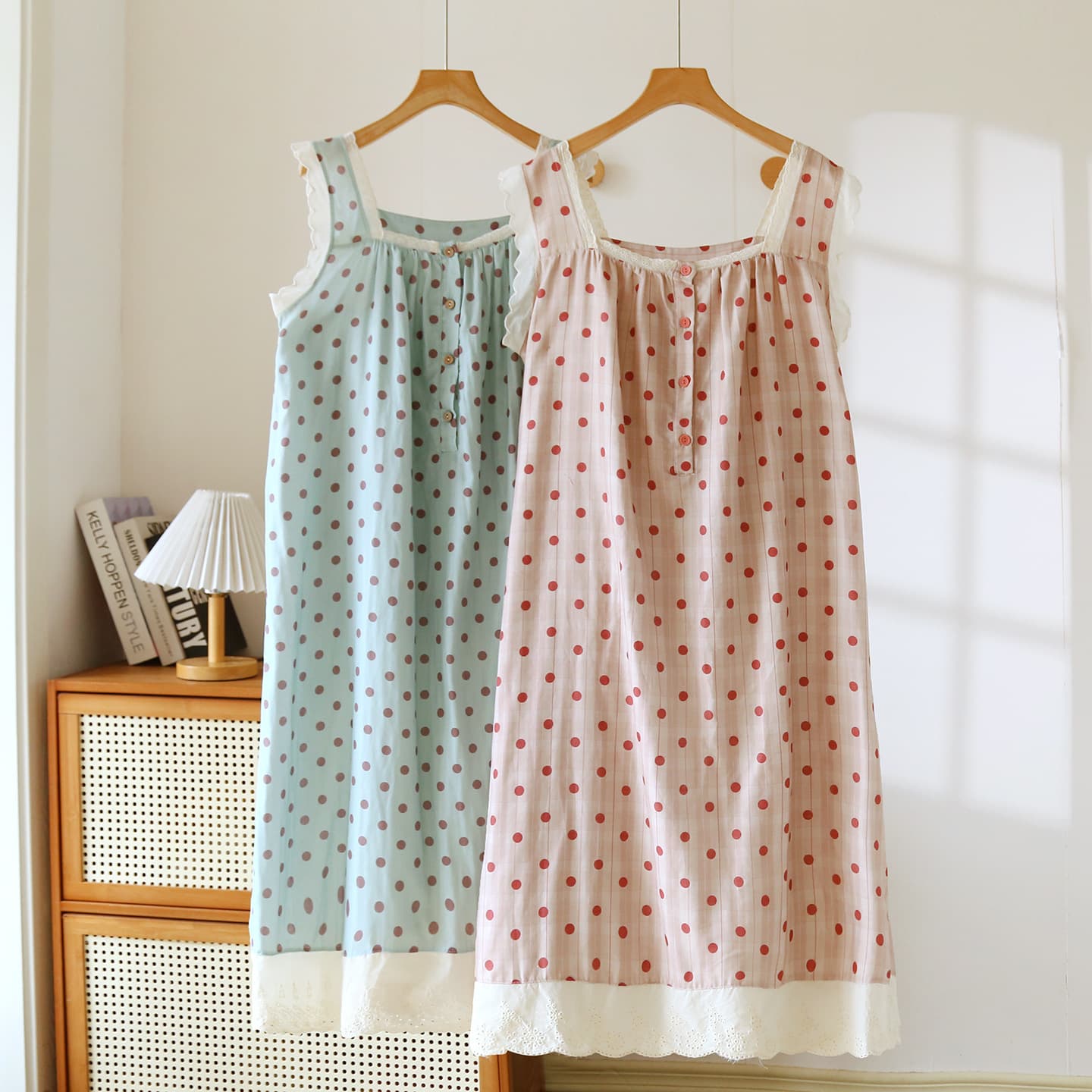 New Summer Cotton Gauze Simple Sweet Camisole Nightgown for Women, Sweet and Cute Pure Cotton Pajamas, Fairy Mid-Length Dress