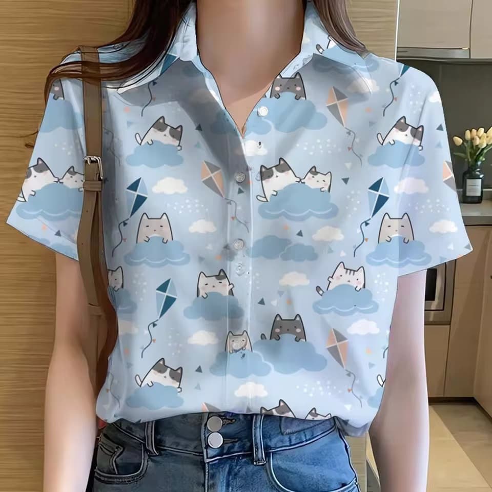 Women's Shirt Cute Animal Cat Dinosaur 3D Print Casual Hawaiian Short Sleeve Button Down Summer Beach Shirt