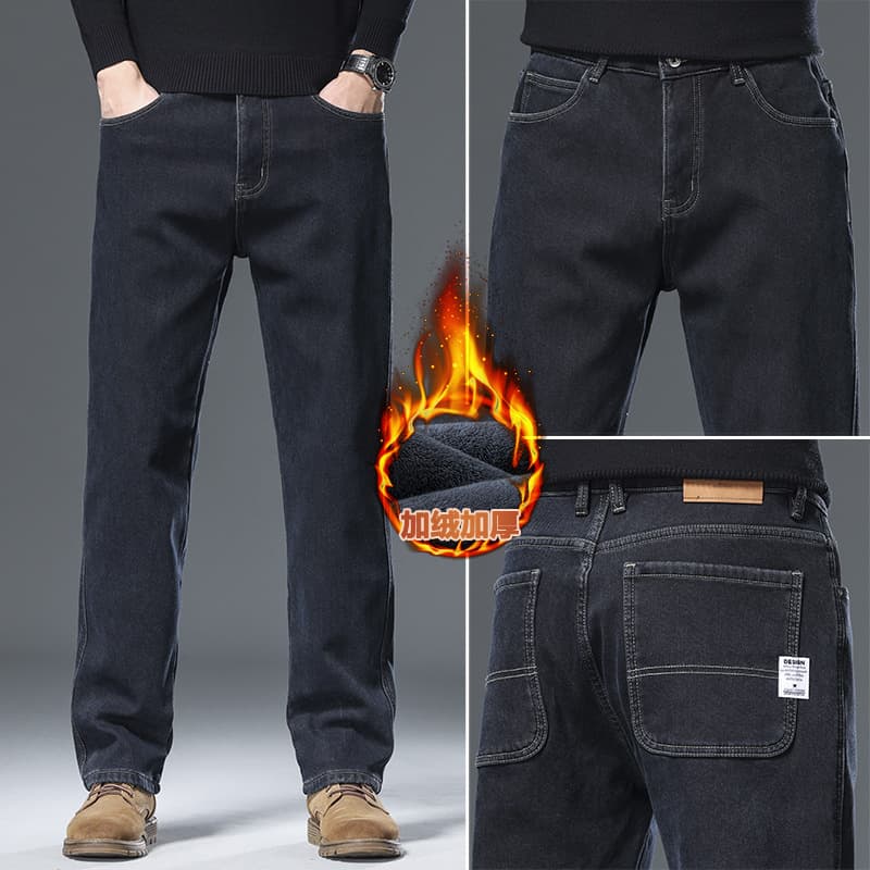 Autumn/Winter New Fleece-Lined Men's Jeans, Straight-Leg Warm Thickened Casual Pants, High-End Solid Color Pants for Men, Cross-border