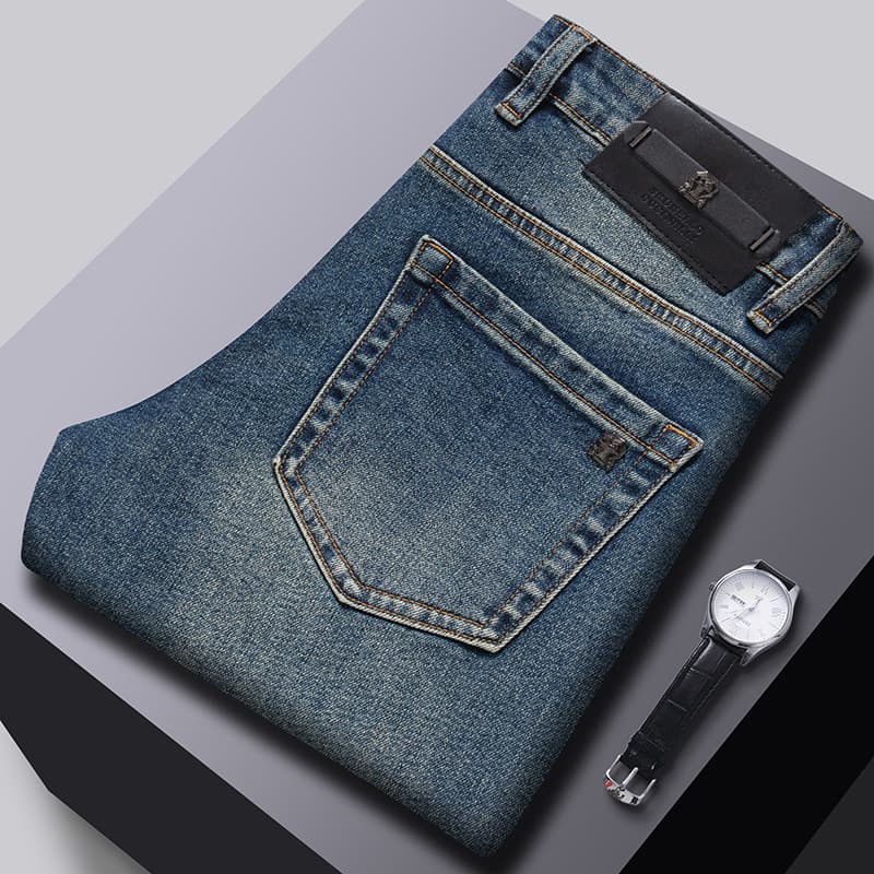 Vintage Retro Blue Jeans for Men Autumn Winter Fashion High-End Slim Straight Casual Pants