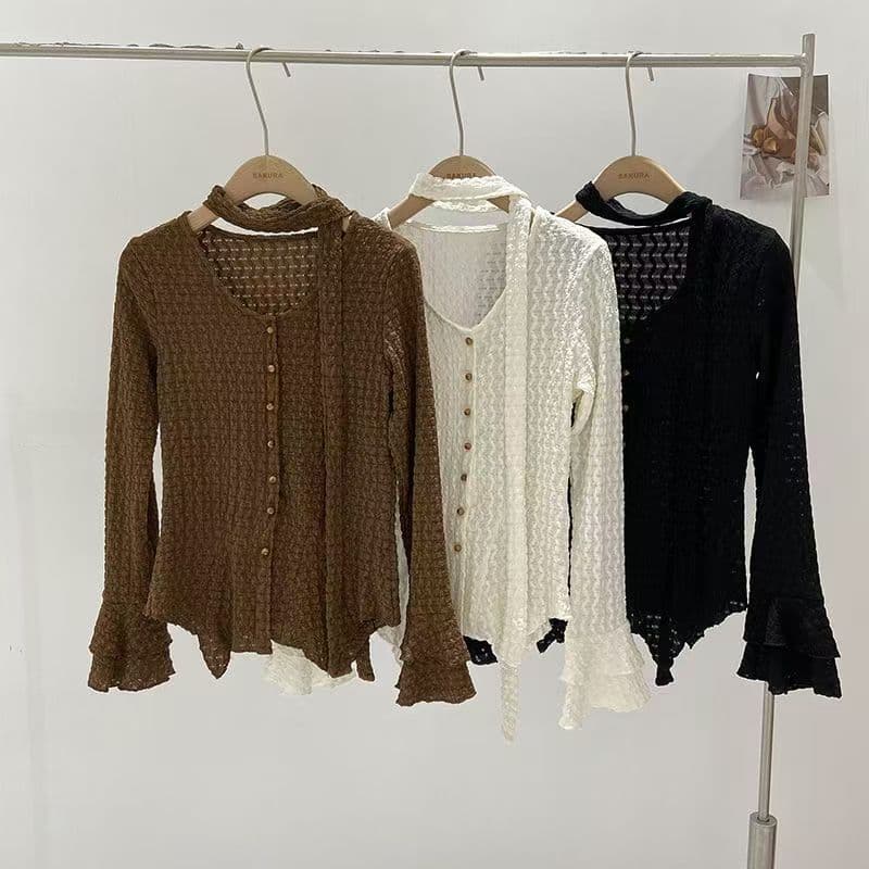 Bell Sleeve V-Neck Knit Top for Women 2024 Fall New Arrival French Style Slim Fit Blouse