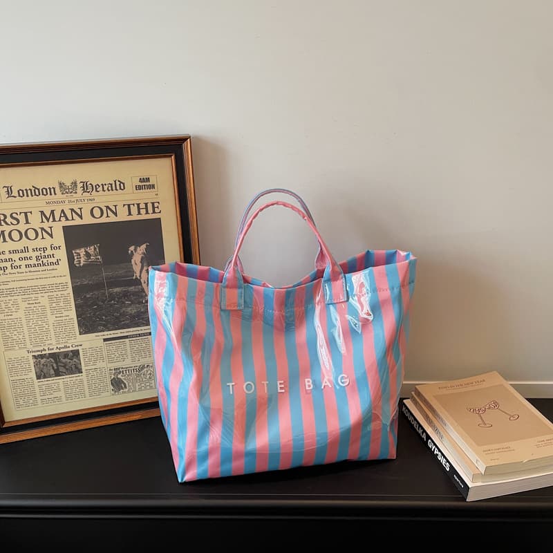 Cross-Border High-End Glossy Striped Jelly Tote Bag for Women, Large Capacity, Waterproof Fabric, Versatile Commuter Handbag