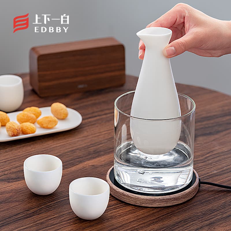 Mutton Fat Jade Porcelain Home Wine Warmer, Ceramic Sake and Yellow Rice Wine Heating Jug, Japanese-style Set with White Spirit Cup and Cooker