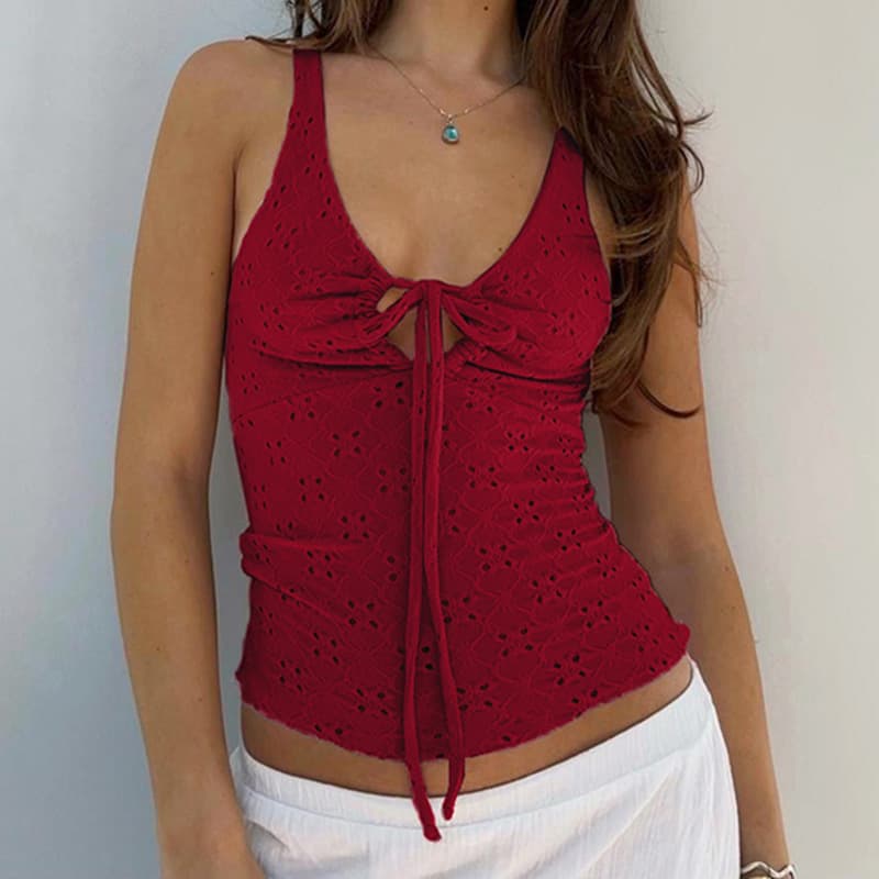 American INS Style Hollow Texture Drawstring Bow Camisole Sexy V-Neck Slim Fit Vest Top