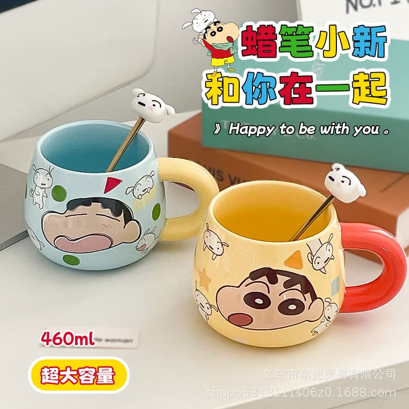 Genuine Crayon Shin-chan Cartoon Ceramic Water Cup High Appearance Ceramic Mug with Spoon for Women Office Water Cup