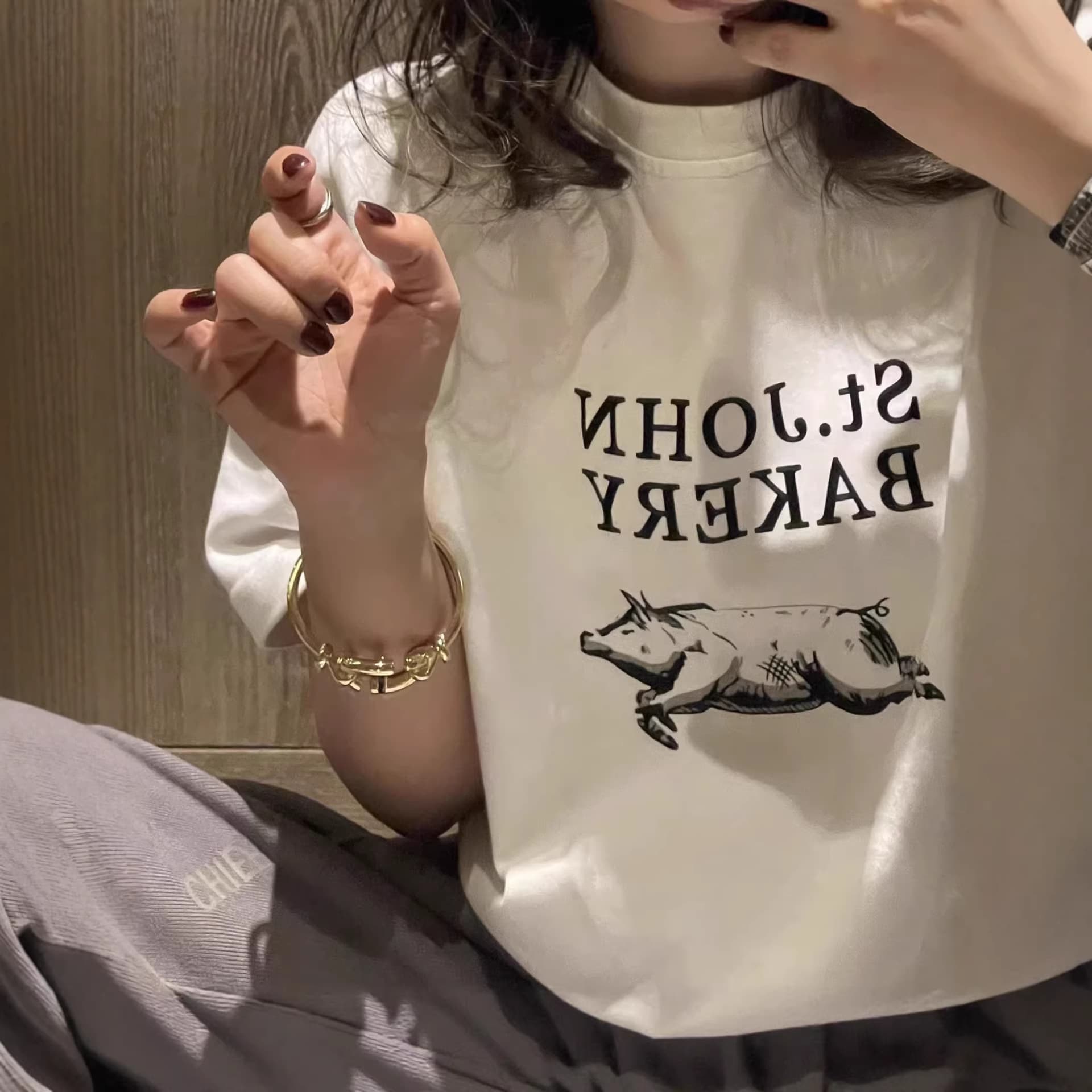 2026 Piggy Pattern Print Playful T-Shirt Women Spring Loose White Round Neck Short Sleeve Pure Cotton Tshirt Base Layer