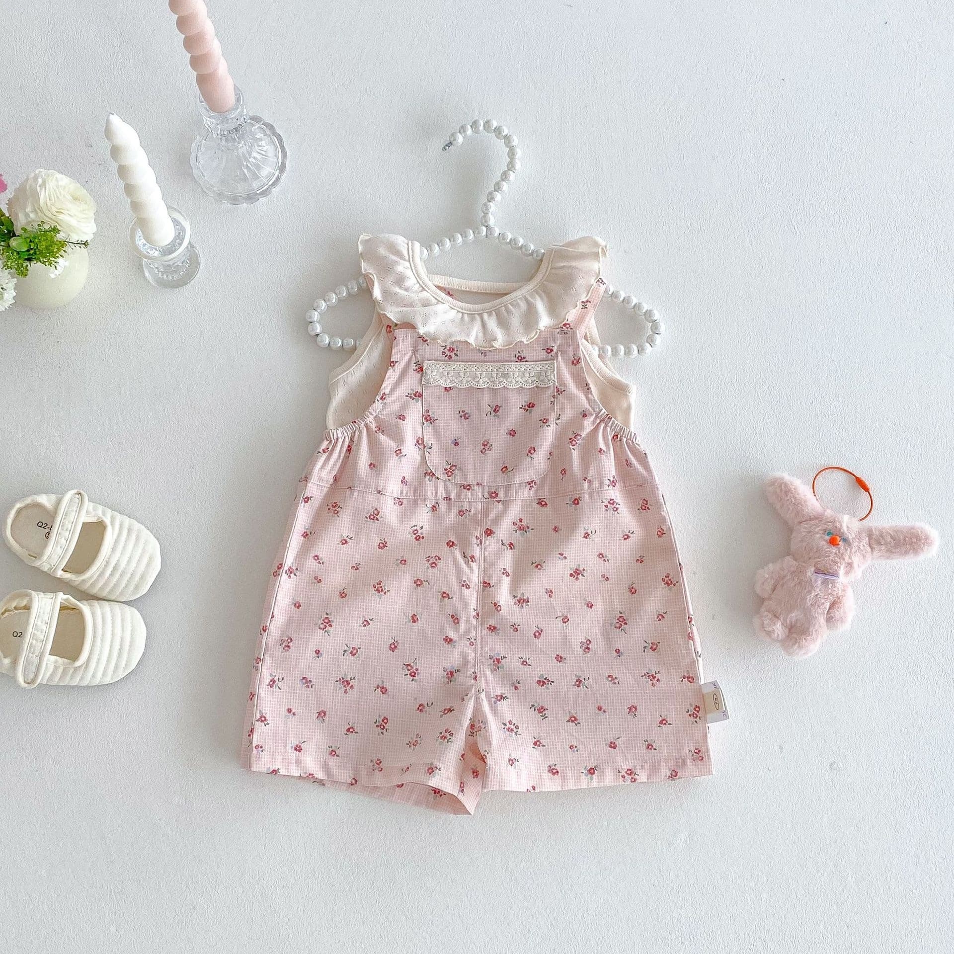 Girls' Doll Collar T-Shirt 2025 New Summer Baby Stylish Breathable Vest Kids Korean Floral Print Suspenders Pants