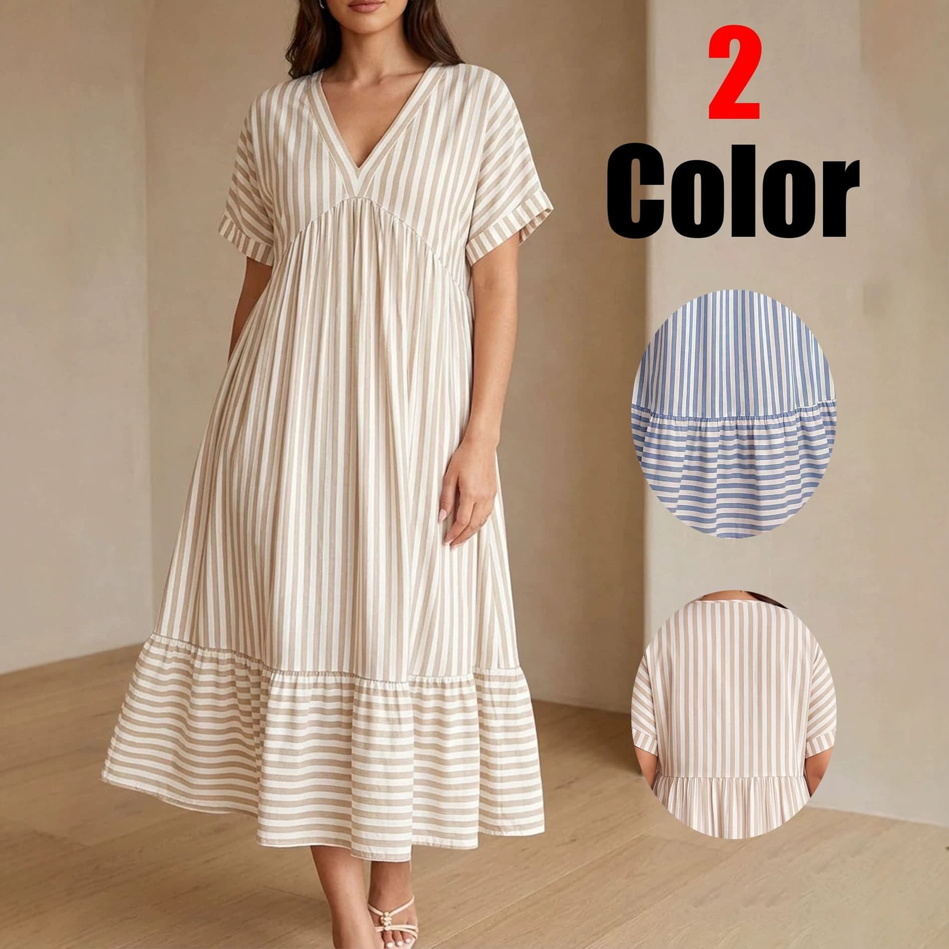 European and American casual striped plus size dress, deep V, dropped shoulders, short sleeves, pleated loose babydoll dress, holiday style long dress