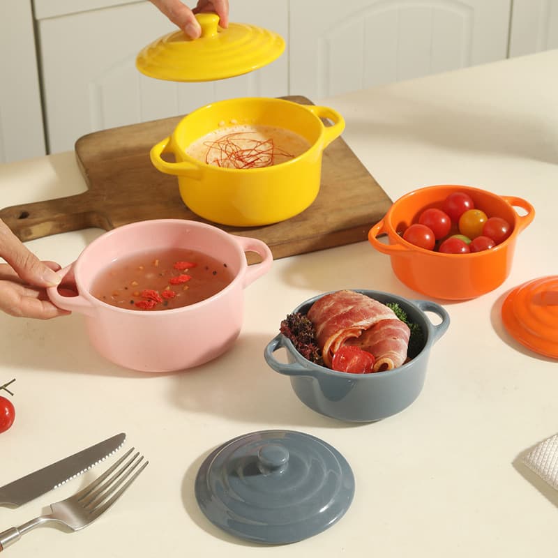 Household Ceramic Lidded Double-Handled Steamed Egg Bowl, Underglaze Special Bowl, Water Bath Steaming Pot, Light Luxury Baking Steaming Bowl Set