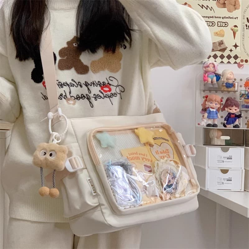 New Versatile Preppy Style Simple Large Capacity School Book Messenger Bag Women Transparent Badge Crossbody Doll Bag Ita Bag