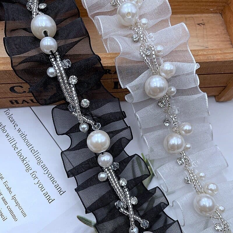 Handmade DIY wedding dress coat, neckline, shoe and hat decorations, pleated, beaded, pearl, and lace trim.