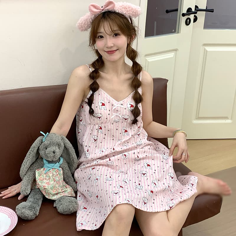 Summer Thin Cotton Camisole Sleep Dress with Built-in Pads, Red Scarf Dog Print, Sweet and Cute V-Neck One-Strap Sleep Dress